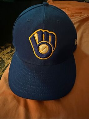 New Era Blue Milwaukee Brewers Retro Glove Logo Hat with Yellow Accents